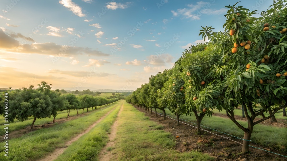 Naklejka premium Mango Tree Illustration at Sunset – AI Generated