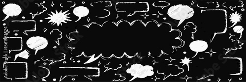 White Chalk Speech Bubbles & Thought Bubbles on Black Background