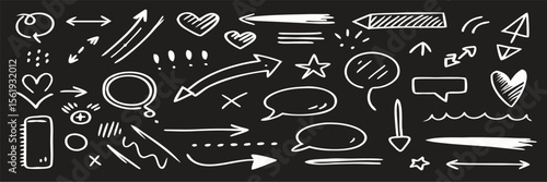 Hand-Drawn Doodle Arrows, Speech Bubbles & Hearts; White on Black