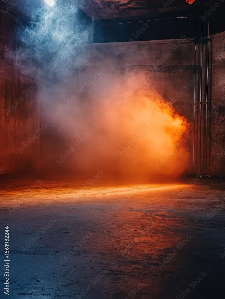 Fototapeta premium Illuminated by orange and blue lights the vacant studio features a textured concrete floor and walls. Soft fog wafts through the air enhancing the film like mood