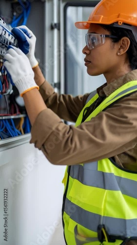 Female electrician working on electrical panel wearing hardhat, safety glasses, and protective gloves during inspection.