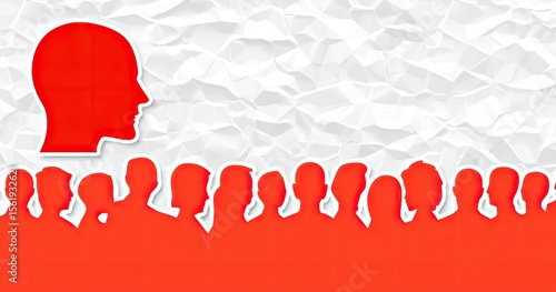 Red head silhouette above crowd of red silhouettes on crinkled paper