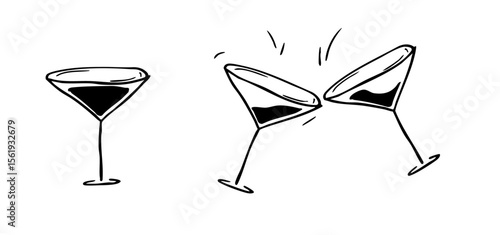 Doodle Cocktail glasses cheers drinks. Cheers with two alcohol drinks drawing. Celebration toast illustration. vector illustration