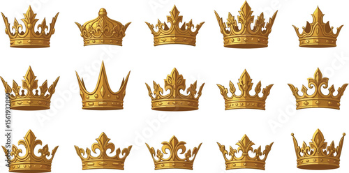 Vector art of collection of ornate golden crowns representing royalty, power, and historical significance isolated on white background