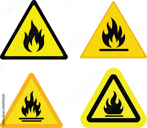Four warning signs depicting highly flammable hazard symbols in yellow and black