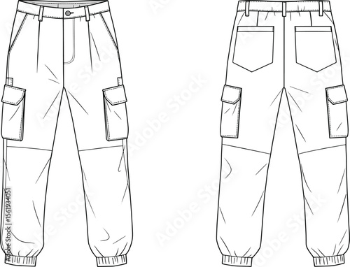 Technical flat sketch of men’s cargo pants, featuring elastic hem, knee paneling, and multiple flap pockets for apparel design.

 flat vector illustration