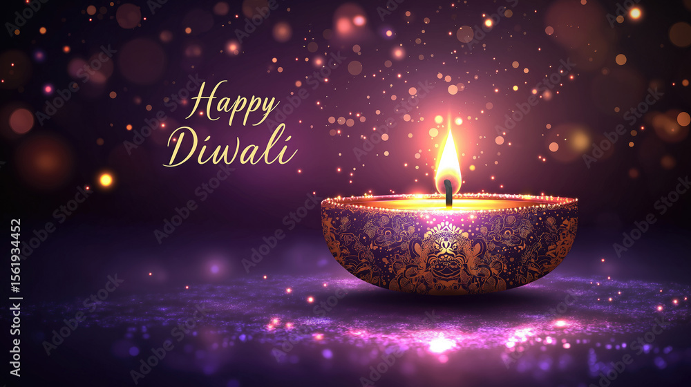 Close up burning diya lamp on dark purple bokeh background with happy Diwali text. Festival lights celebration concept for greeting card. Deepavali, Festival Lights, Dipawali - Hindu Celebration Close up burning diya lamp on dark purple bokeh background with happy Diwali text. Festival lights celebration concept for greeting card. Deepavali, Festival Lights, Dipawali - Hindu Celebration