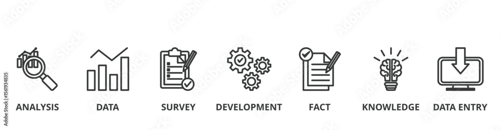 Fototapeta premium Research banner vector illustration concept with icon of analysis, data, survey, development, fact, knowledge and data entry