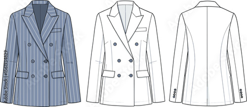 Women’s double-breasted blazer flat sketch with button details, tailored fit, back darts, lapel collar, and striped fashion design. flat vector illustration