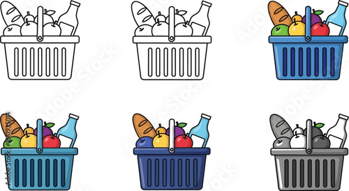 Vector art of a set of grocery basket icons filled with food items, isolated on white background