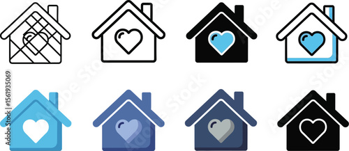 Vector art of a set of house icons with heart symbols in various styles, isolated on white background