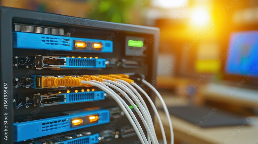 Fototapeta premium High tech server with fiber optic cables connected, showcasing advanced communication technology and network infrastructure