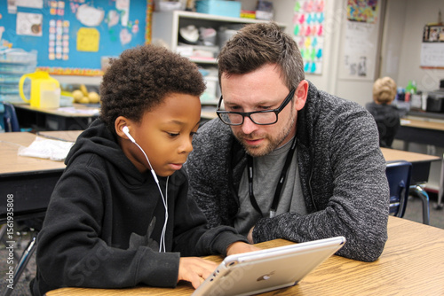 Teacher and student in elementary classroom use an iPad together, leaning on desk while working. Boy in black hoodie engaged in interactive learning and support.

