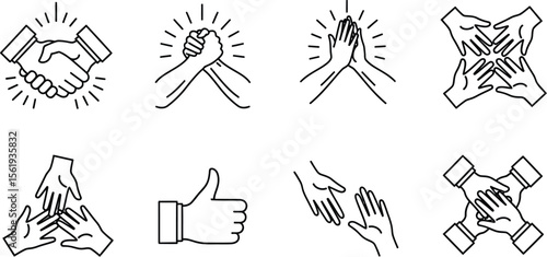 Vector art of a collection of line art icons depicting various hand gestures representing teamwork, collaboration, and agreement, isolated on white background