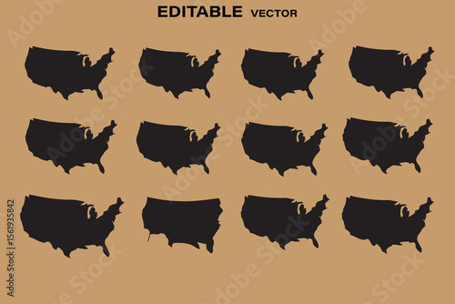 Multiple black silhouette outlines of the united states of america map displayed in a grid pattern on a tan background