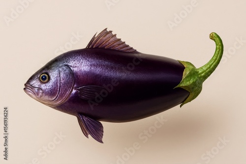 Surrealist culinary art features a vibrant purple eggplant conjoined with a fish, creating a bizarre yet intriguing food fusion concept.