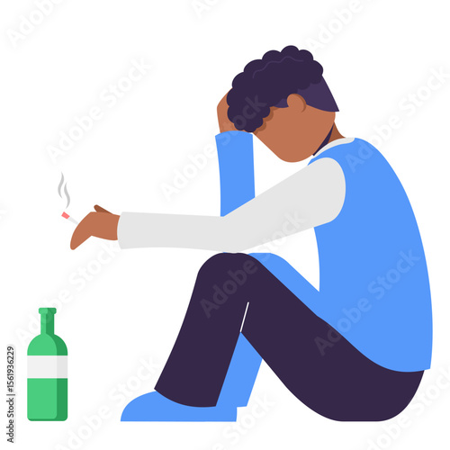Sad african man sit on the floor with smooking and drinking wine. Social issue, Alcohol Addiction. Booze concept. flat cartoon style.