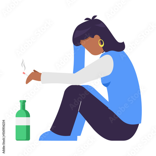 Sad african woman sit on the floor with smooking and drinking wine. Social issue, Alcohol Addiction. Booze concept. flat cartoon style.