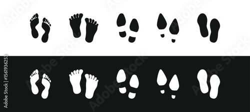 Footprint and footstep silhouette vector set. Includes human, bare feet, shoe, and animal tracks. Ideal for signs, trails, maps, stickers, and infographic elements.