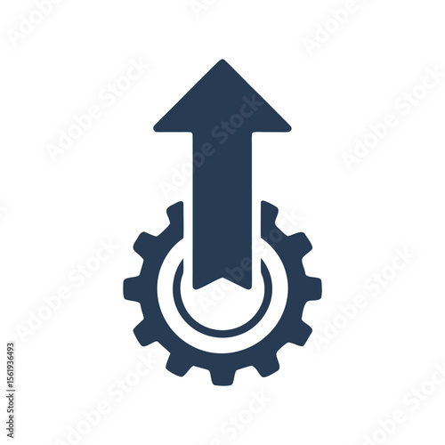 Dark blue arrow emerging from gear on white background vector