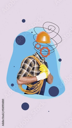 Motion creative poster collage video of anonym foreman hold ribbon gear headless