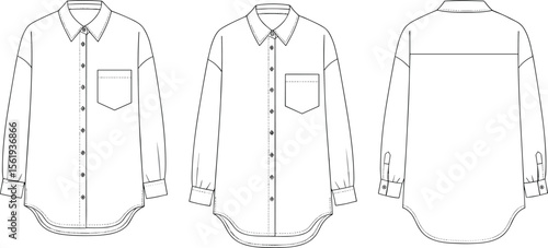  Basic long sleeve shirt technical flat sketch, fashion vector template with collar, button placket, pocket, back yoke and cuff.flat vector illustration