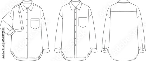 Technical flat sketch of long sleeve shirt with open arm, curved hem, button details, chest pocket, back yoke, fashion template. flat vector illustration