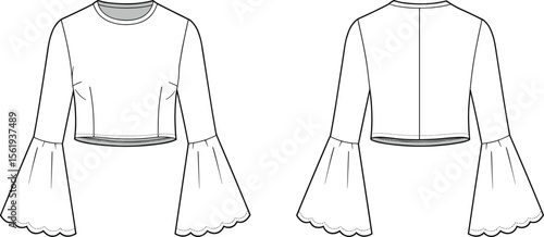 Technical flat sketch of flared sleeve crop top, front and back view, fashion design template, scallop hem, fitted bodice.

 flat vector illustration