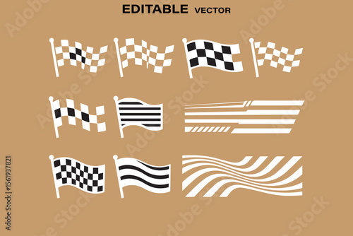 Collection of waving checkered flags and racing stripes vector graphics for sports and competition themes