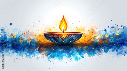 Traditional Indian oil lamp, diya, burning with vibrant flame. Watercolor festive background for Diwali celebration and religious events. Deepavali Festival Lights Dipawali - Hindu Celebration, Indian