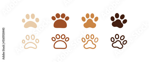 Cute animal paw print icons set in brown tones, vector illustration for pet logo, veterinary clinic, animal shelter, or kids design. Includes filled and outline paw styles on white background.