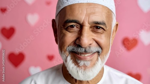 Close-up of a smiling senior Middle Eastern man with white beard and traditional Kufi cap against a pink background with heart symbols.