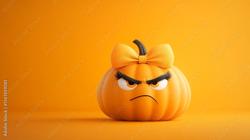 Fototapeta premium Angry jack-o-lantern wearing bow ready for Halloween. Spooky holiday party decoration. Halloween celebration object on orange background. All Hallows Eve, Samhain Spooky Holiday Season, Fall Festival