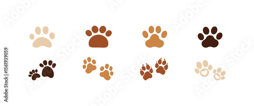 Animal paw print vector collection in brown tones. Includes cute pet footprints and heart-shaped paws, perfect for dog, cat, pet shop, vet clinic, or animal rescue designs.