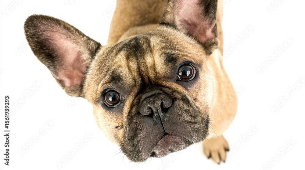 Curious French Bulldog with Playful Expression and Close-Up View Against a White Background Curious French Bulldog with Playful Expression and Close-Up View Against a White Background