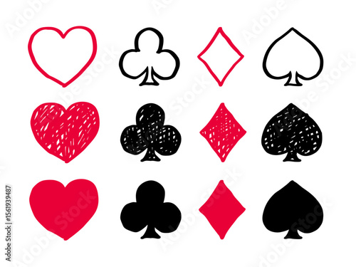 Hand drawn of card suits set. Illustration of hearts, diamonds, clubs and spades symbol. Suit deck of playing cards vector
