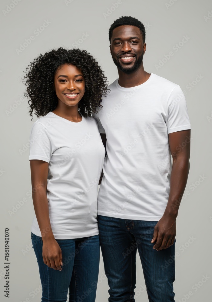 Fototapeta premium Young African couple standing together wearing blank white t-shirts