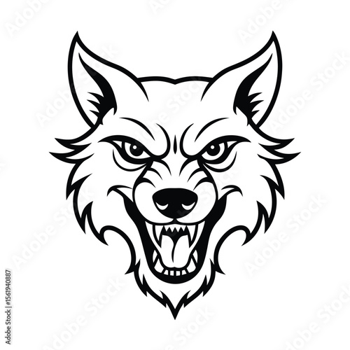 angry wolf head in classic tattoo style contour design version one on white background Vector illustration