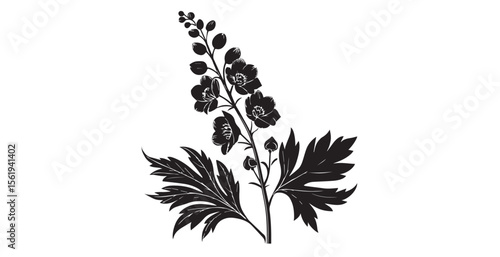 Elegant black silhouette of a delphinium flower with detailed petals and leaves