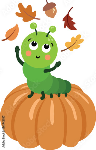 Cute Green Caterpillar on a Pumpkin with Autumn Leaves