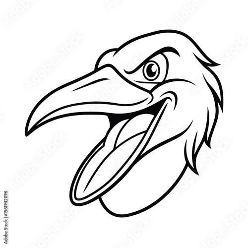 enraged pelican head in wide bill and stern eye outline version one on white background Vector illustration