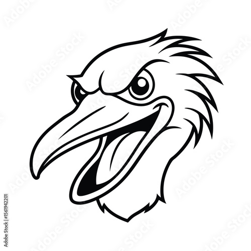 enraged pelican head in wide bill and stern eye outline version two on white background Vector illustration