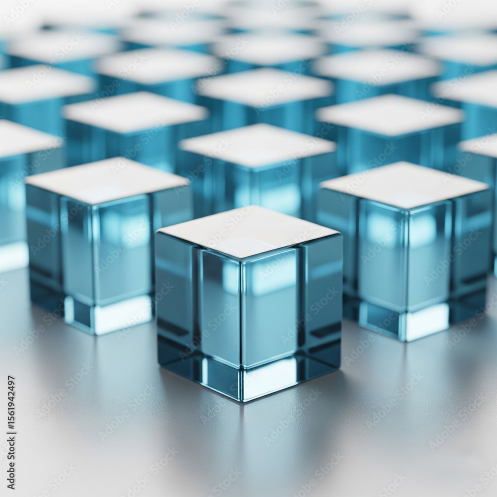 Fototapeta premium Abstract arrangement of translucent blue cubes with white tops.