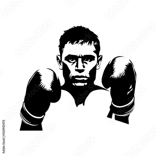 Portrait of a boxer, stern male face and boxing gloves. Vector illustration, contour black and white style