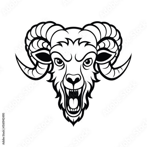 enraged ram head in thick outline and curly horn version one on white background Vector illustration