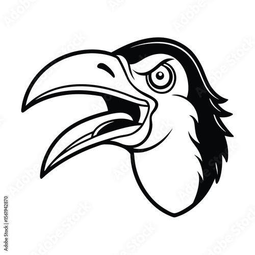 enraged toucan head with oversized beak line drawing version one on white background Vector illustration