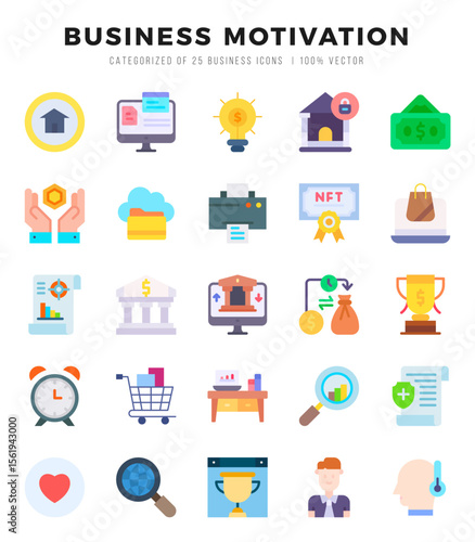 BUSINESS MOTIVATION Flat icons collection. 25 icon set. Vector illustration.