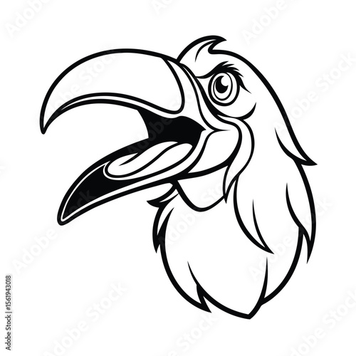 enraged toucan head with oversized beak line drawing version two on white background Vector illustration