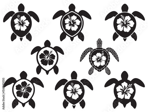 SEA TURTLE WITH HIBISCUS FLOWER SILHOUETTE