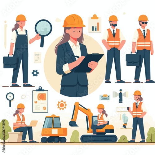 Image set of Contractor supervising workers in the field with a simple and minimalist flat design using a white background